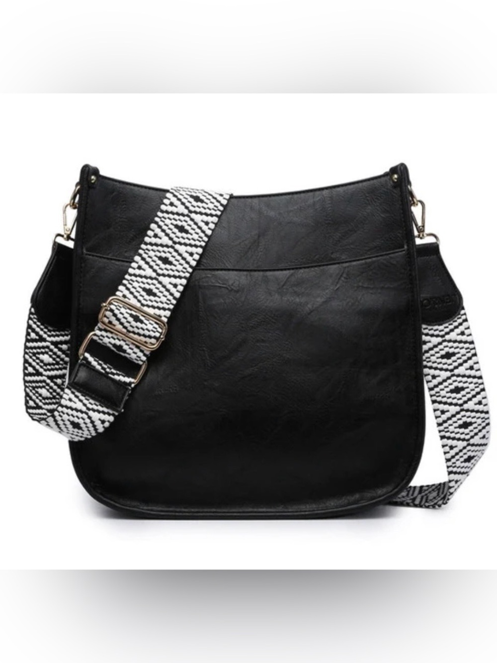 NWT JEN & CO Black Crossbody Bag with Patterned Guitar Strap